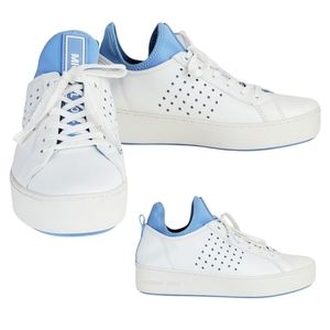 New Michael kors ace lace up lasered leather sneakers white pale blue